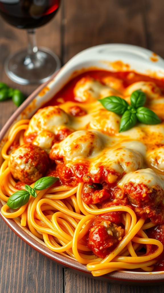 Baked spaghetti and meatballs with melted cheese and marinara sauce, garnished with basil on a rustic table.